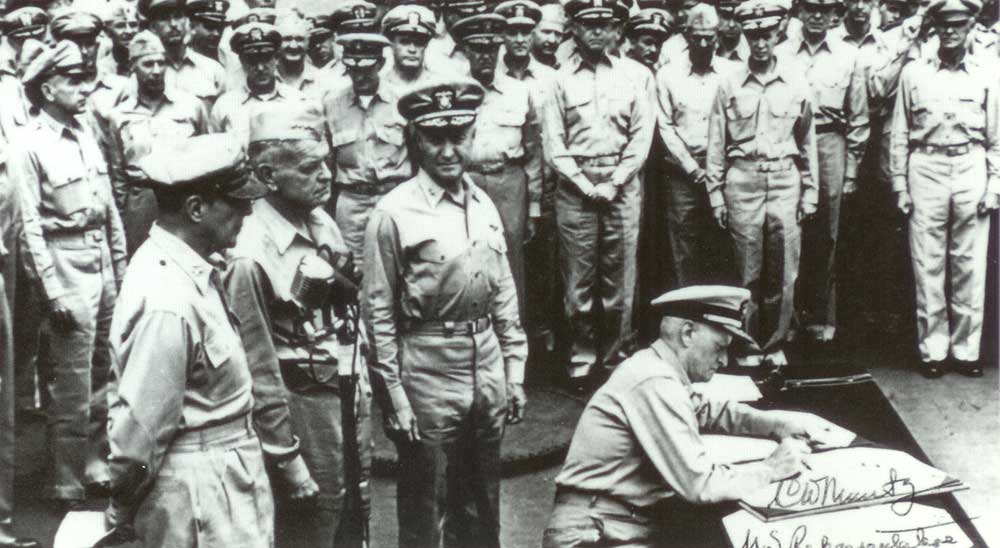 General Douglas MacArthur signed the Japanese surrender documents on September 2, 1945 aboard the USS Missouri in Tokyo Bay. That day, MacArthur, in a broadcast to the American people, said: "Today the guns are silent. A great tragedy has ended. A great victory has been won..."